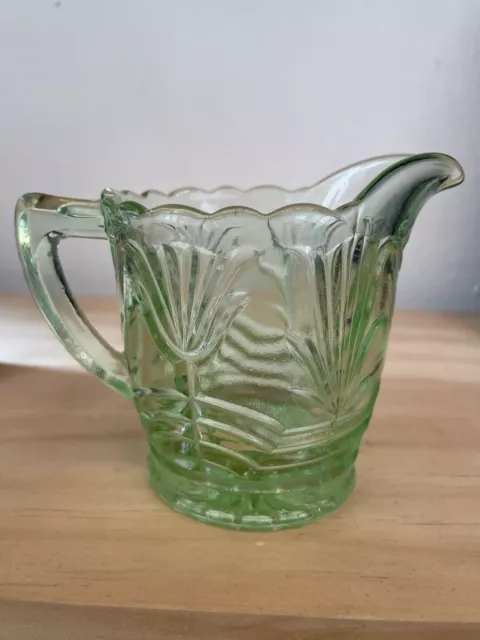 Green Depression Glass Creamer Milk Jug. Art Deco. c1930’s