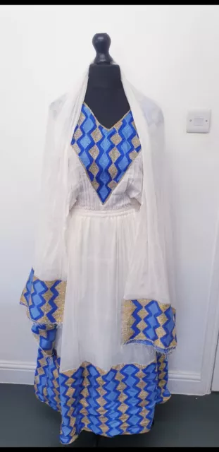 Maxi abito etiope eritreo Habesha Zuria con tegola unica oro blu Netela