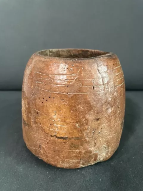 Alt Vintage Selten Reich Patiniert Handgefertigt Rund Form Holz Topf Vase (P1)