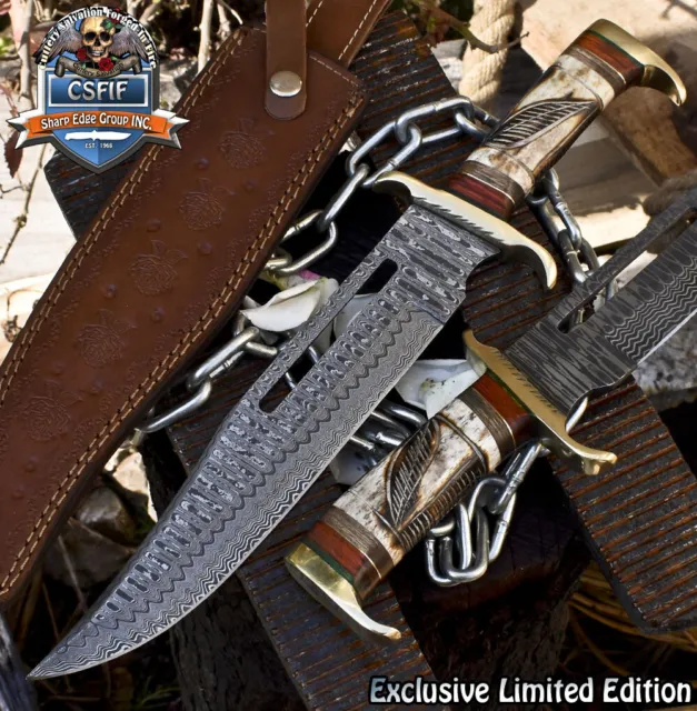 CSFIF Hand Crafted Bowie Knife Ladder Damascus Camel Bone Brass Guard Survival