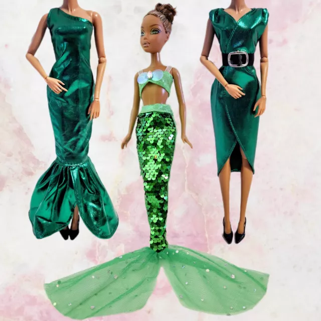 3 schöne Outfits Für Barbies Grün Gold mit 2 Paar schwarzen Schuhen Mermaid