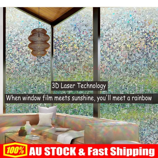 3D Rainbow Reflective Window Film Decor Privacy Static Clings Glass Sticker 90cm