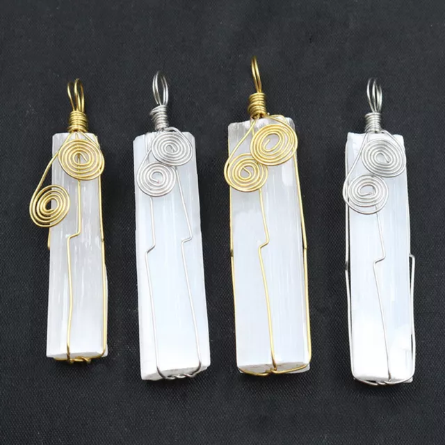 Natural Selenite Stone Healing Crystal Quartz Chakra Energy Wire Wrapped Pendant