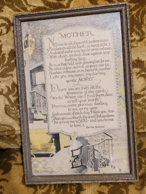 Vtg 1926 Framed Buzza Type Motto Poem Art Deco Mother Verse P.F. Volland
