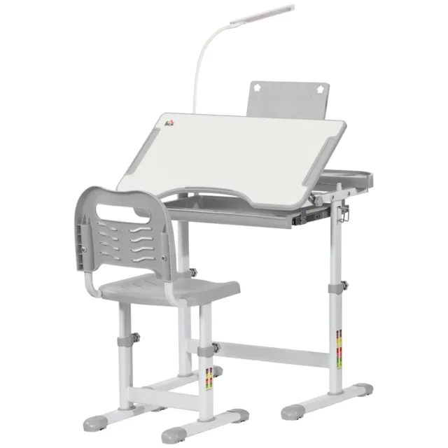 HOMCOM Kids Study Desk and Chair Set w/ USB Lamp, Adjustable Height - Grey