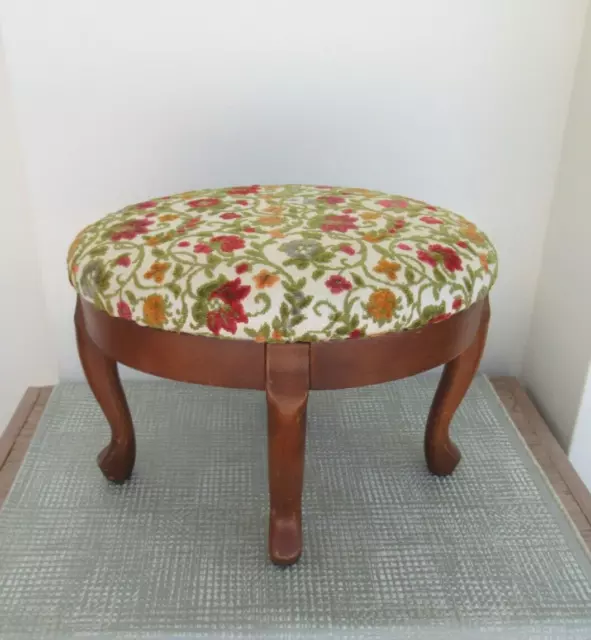 Footstool Chair Footrest Pouf Upholstered Floral Roses & Real Oak Wood -Vintage