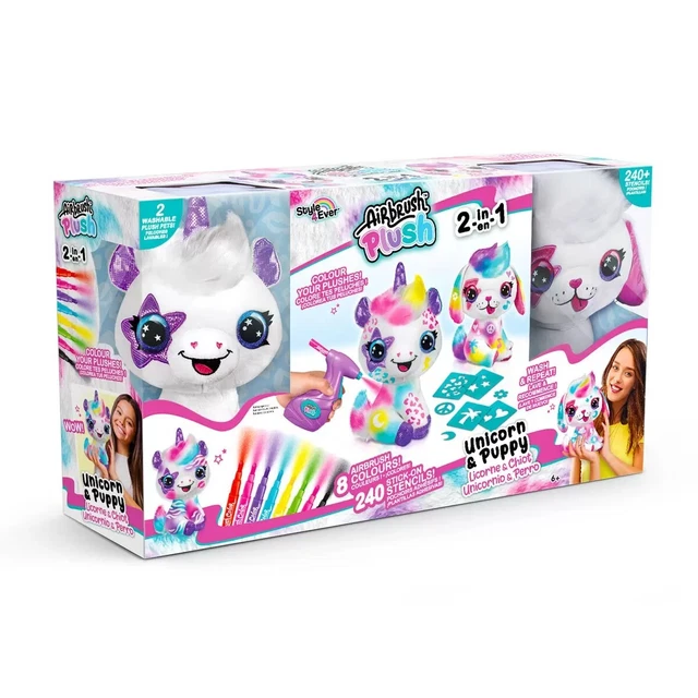 AIRBRUSH PLUSH 2IN1 Unicorn & Puppy 2 Pack, 8 Airbrush Colours, 240