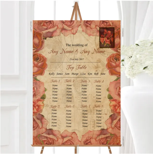 Shabby Chic Vintage Postcard Rustic Coral Rose Stamp Wedding Seating Table Plan