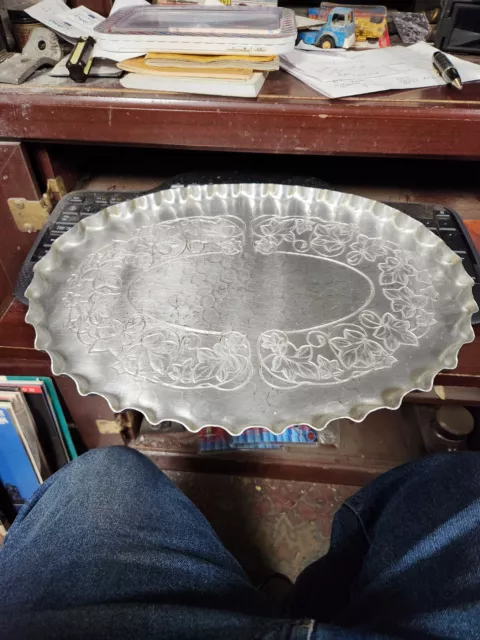 15 x 11 Inch World Hand Forged Aluminum Round Serving Tray Floral Design-Vintage