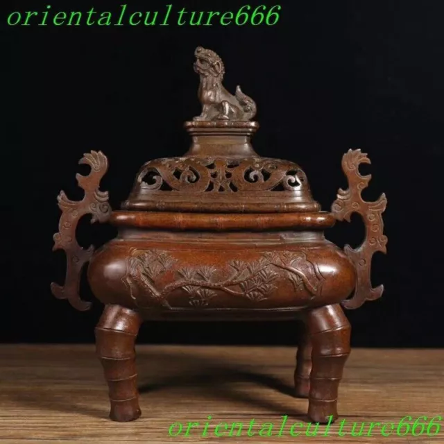 10"China Ancient bronze Feng shui animal binaural Incense burner Censer statue