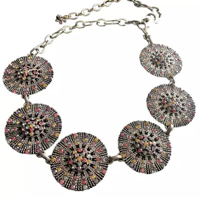 CHICO'S Silvertone Multi Color Rhinestone Medallion Chain Belt 39" Long