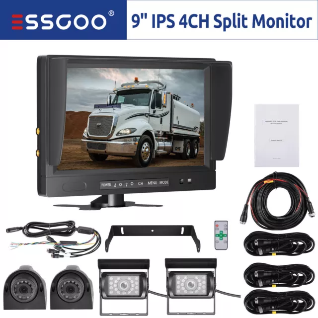 ESSGOO 9" IPS DVR 4CH Split Monitor + 4x AHD IP69 Rückfahrkamera Auto LKW BUS RV