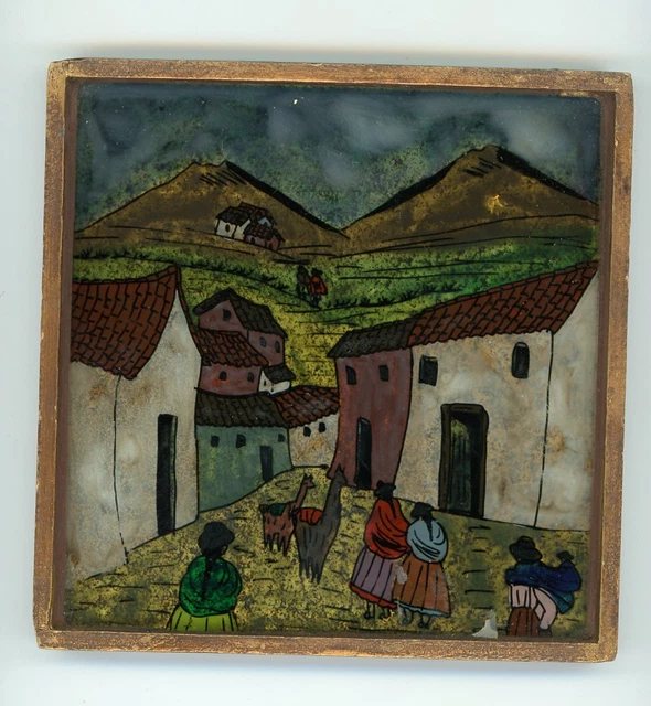 South American Framed Art Llamas Houses Ponchos Mountains Brimmed Hats People