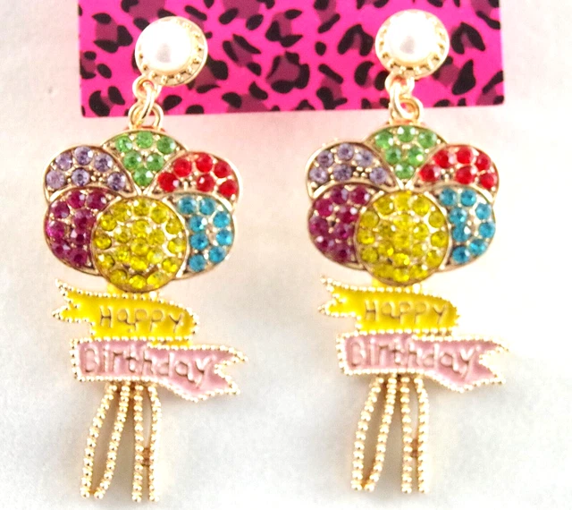 New Betsey Johnson Happy Birthday Balloons Pearl Rhinestone Drop Dangle Earrings