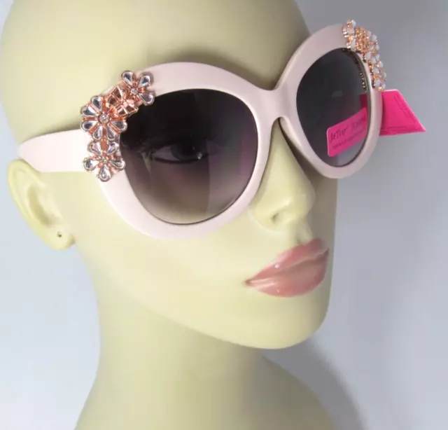 BETSEY JOHNSON Oval Pink Plastic Sunglasses Rhinestone & Rose Gold Rims Bling