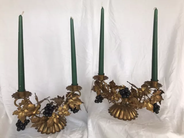 ANTIQUE VTG ITALIAN GOLD GILT METAL TOLE GRAPES LEAVES CANDLE HOLDERs - Pair