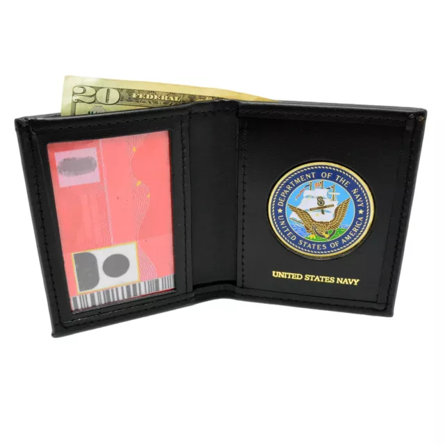 U S Navy USN Military Mens Black Leather Bi Fold Billfold Medallion Wallet NEW