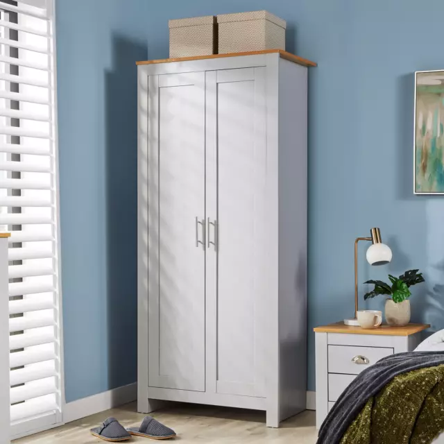 Wardrobe 2 Door Bedroom Furniture Clothing Storage Grey Oak Top Wood Nightstand 2