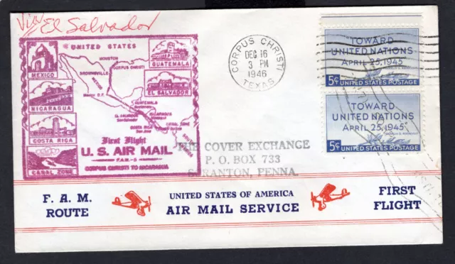 1946 First Flight cachet cover FAM5 Corpus Christi TX to NICARAGUA v EL SALVADOR