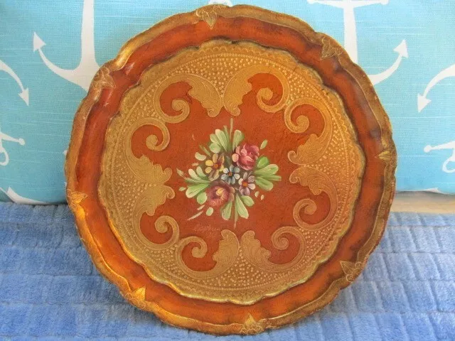 Signed Terra Cotta Floral Vintage Italian Florentine Tole Designer Tray Plate