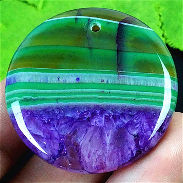 HU35190 36x6mm Green/purple Druzy Geode Agate Round Pendant Bead