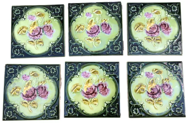 Antique English Nouveau/Victorian Era Raised Relief Ceramic Tiles Floral Pattern