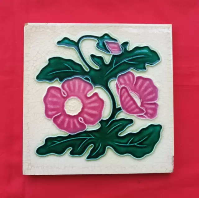 1 Piece Old Art Deco Flower Design Embossed Majolica Ceramic Tiles Japan 0254