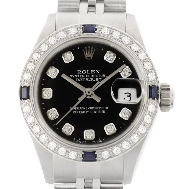 Rolex Ladies Datejust 18K Gold & Steel Black Dial Diamond Sapphire Jubilee Watch