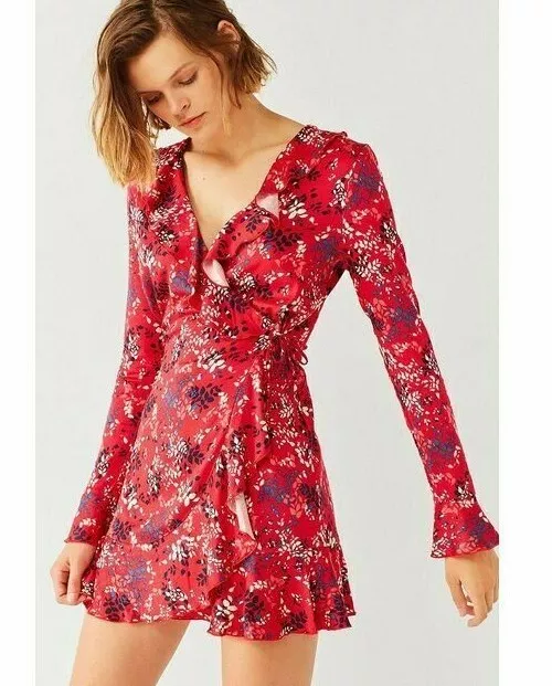 NWT Urban Outfitters Ruffle Wrap Mini Dress Red Floral Size L Large $69 New