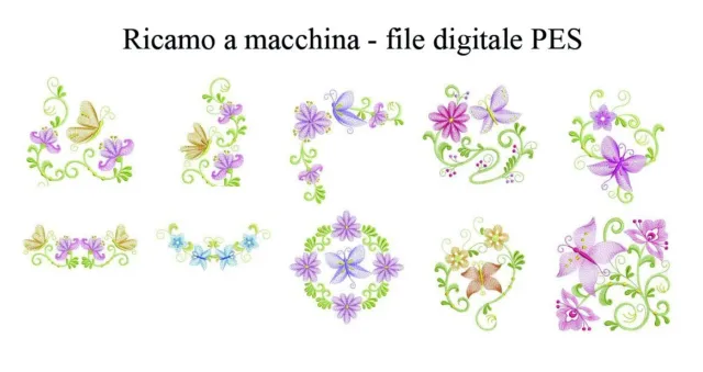Disegni digitali per ricamo a macchina - Rippled farfalle e fiori in formato PES