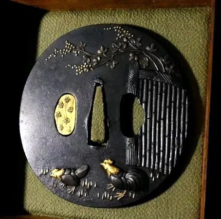 Japan antique Edo era ishuguro school hen roaster Tsuba Iron Box sword blade