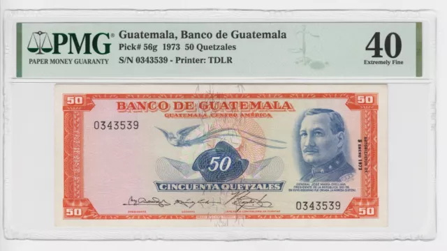 Guatemala 50 Quetzal P56g 1973 TDLR José María Orellana PMG40 XF Original Bill