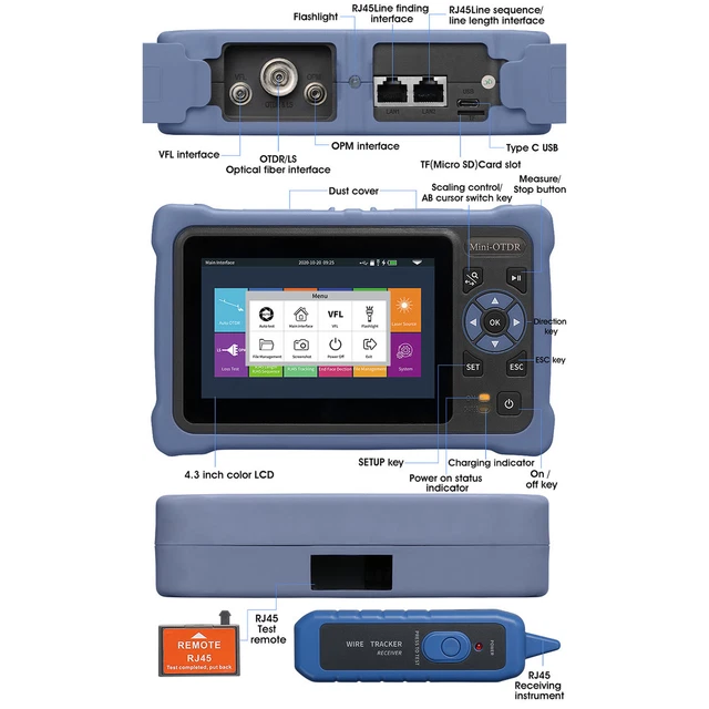 Tester di rete ottica OTDR riflettometro dominio del tempo ottico 4,3 pollici touch-screen