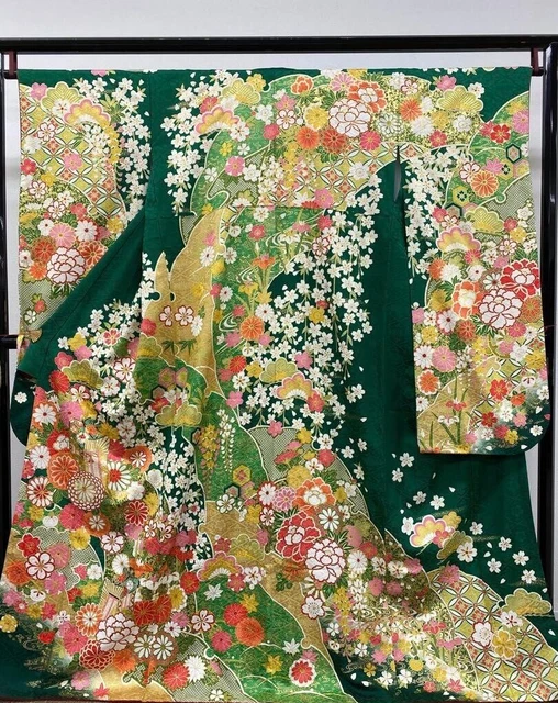 Furisode Japanese Kimono Green Glitter Embroidery Floral Long Sleeves Women Silk