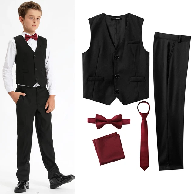 Boys Suits Wedding Formal Dress Party Prom Suit Vest and Pants Set, 5PCS, 6-14Y