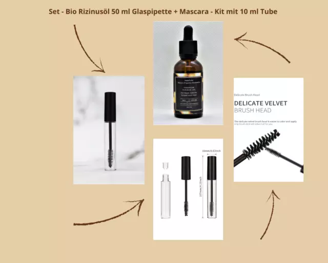 Set - Bio Rizinusöl 50 ml Glasflasche Pipette + Mascara - Kit mit 10ml Tube