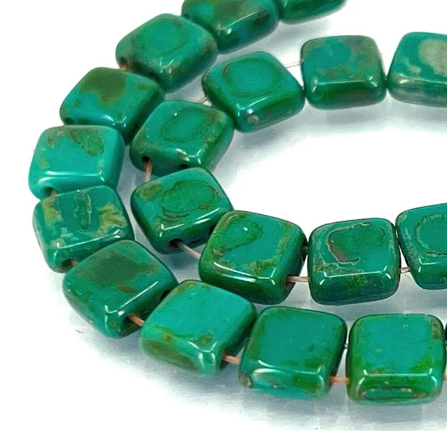 25 CzechMates Tile Bead 2 Hole Brick Czech Glass - Persian Turquoise Picasso 6mm