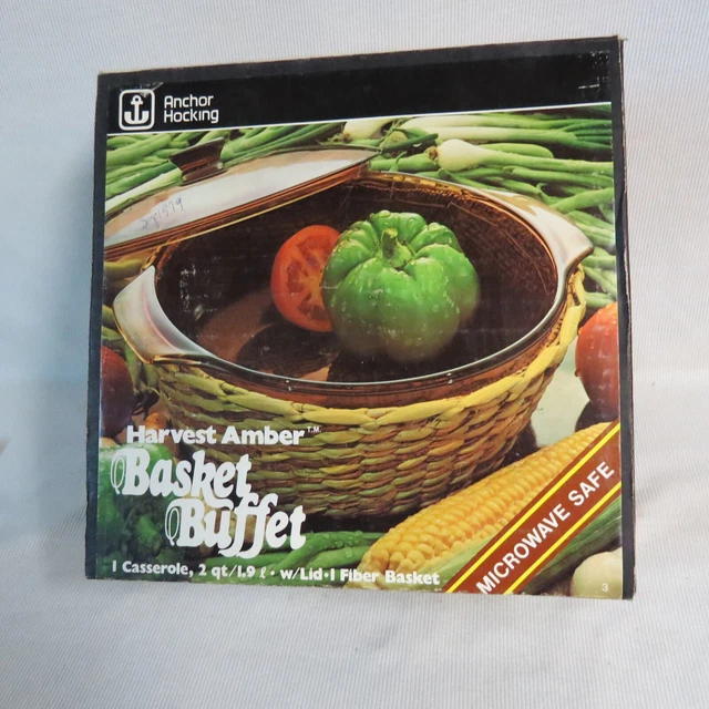 Vtg. Anchor Hocking Harvest, Amber Basket Buffet 2-Quart Casserole w/Cover, NOS