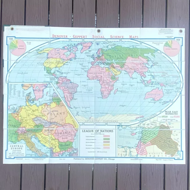1950 Denoyer Geppert Classroom Wall Map H30 League of Nations Linen Back BK5
