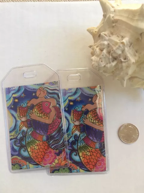 Laurel Burch fabric Luggage Tags PAIR Sea Goddess Mermaid Travel Accessory gift