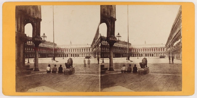 Italien Venedig Platz Wohl Markusplatz Löwe Foto Stereo Vintage Albumin c1870