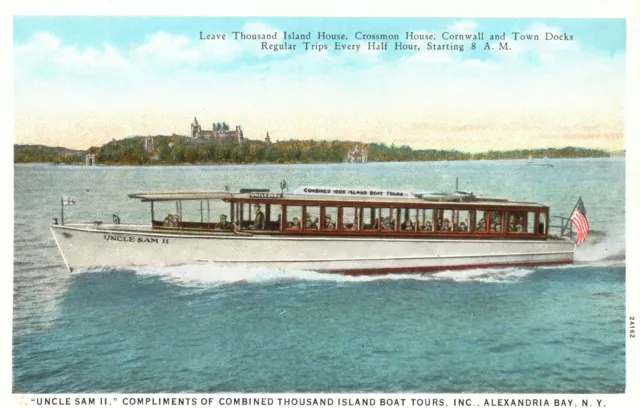 Vintage Postcard 1920's uncle Sam 11 Thousand Island Boat Tour Alexandria Bay NY