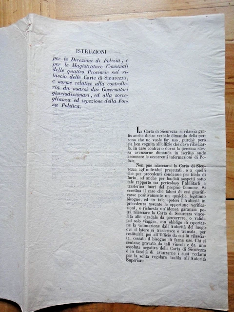 1851-ISTRUZIONI-Carte di Sicurezza-Direzioni di Polizia-Forza Politica-Bologna+