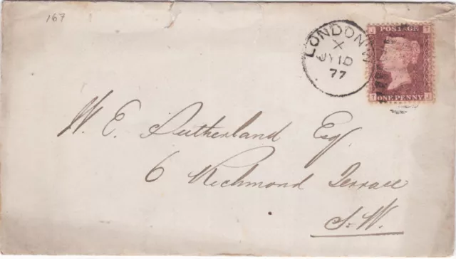 1877 QV FINE 1d PENNY RED STAMP PLATE 167 ON LONDON COVER TO RICHMOND TERRACE