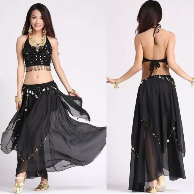 Belly Dance Costume Top Gold Coins Skirt Suit Set Festival Carnival Fancy Outfit