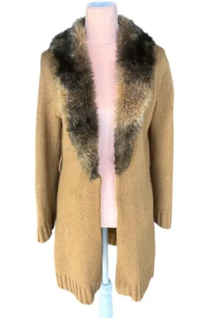 Vintage Y2K Morgan de Toi Tan Cardigan with Faux Fur Collar Mob Wife Size M