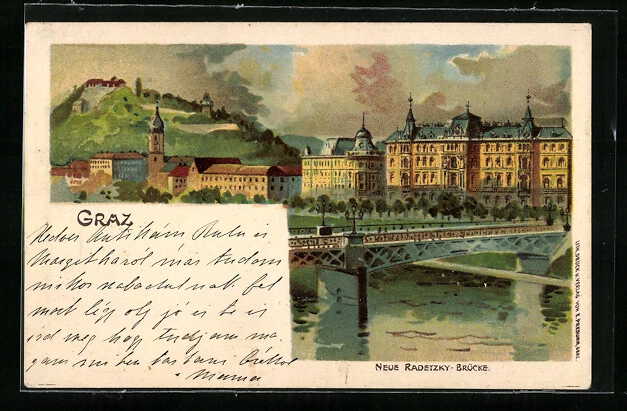 Künstler-AK Graz, die Neue Radetzky-Brücke 1899