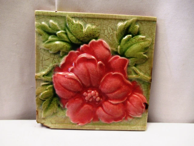 Antique Tile Majolica Art Nouveau Rose Floral Embossed H&R Johnson England  "715