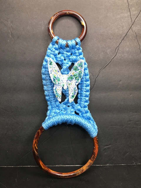 Vintage Blue Macrame Towel Holder Decorative Ceramic Butterfly Bead