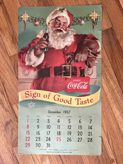 Old Vintage 1957 Coca Cola Santa Claus Christmas Calendar 22"x12" Two Sided Sign